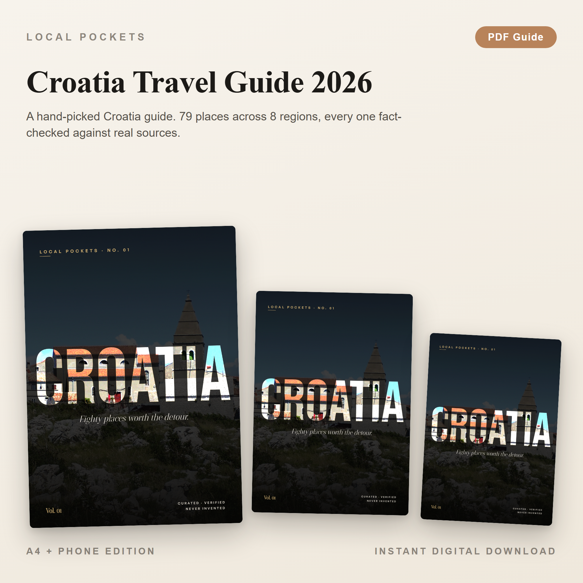 Croatia Travel Guide 2026, 79 Verified Places by Region, Digital PDF + Phone Pocket Edition, Instant Download