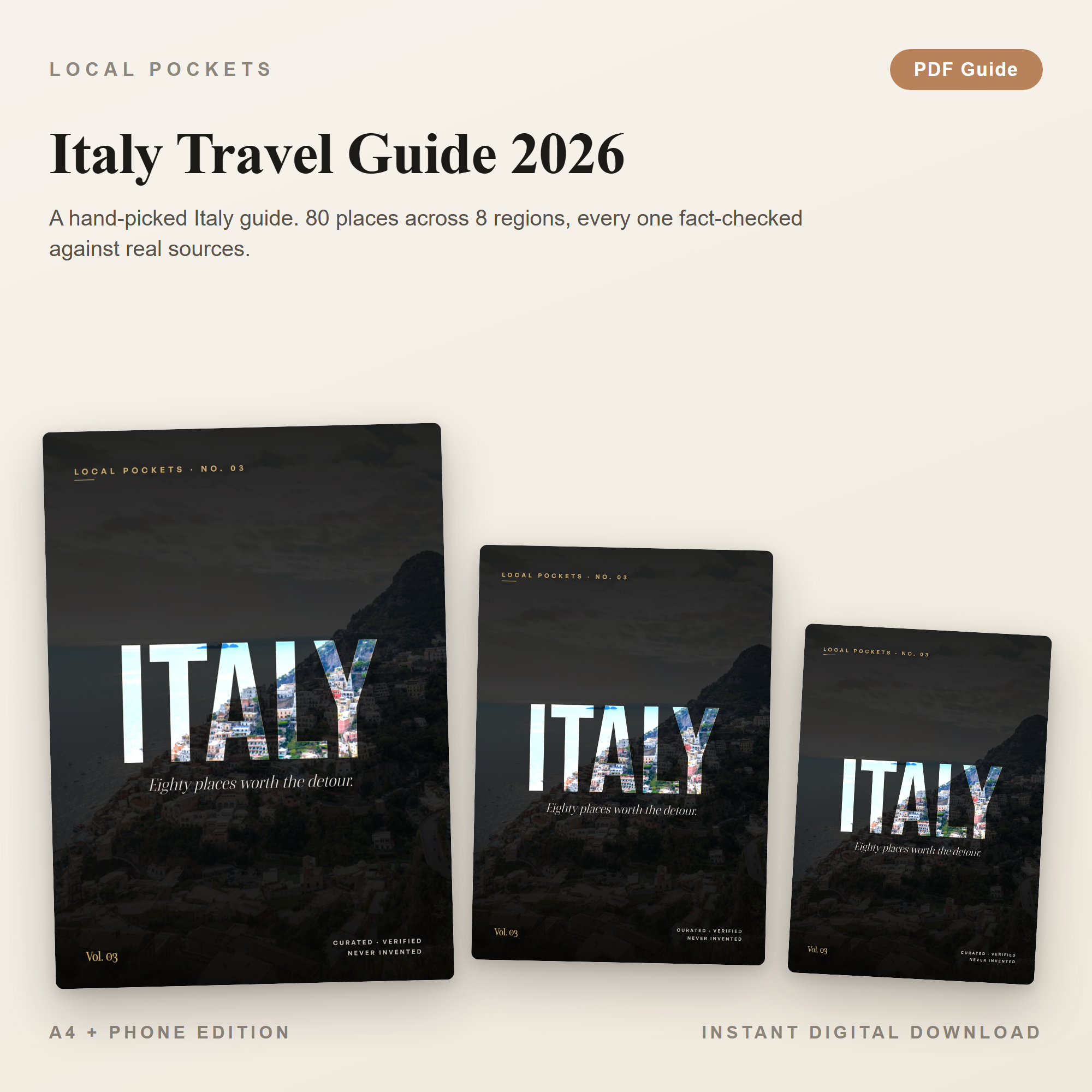 Italy Travel Guide 2026, 80 Verified Places by Region, Digital PDF + Phone Pocket Edition, Instant Download
